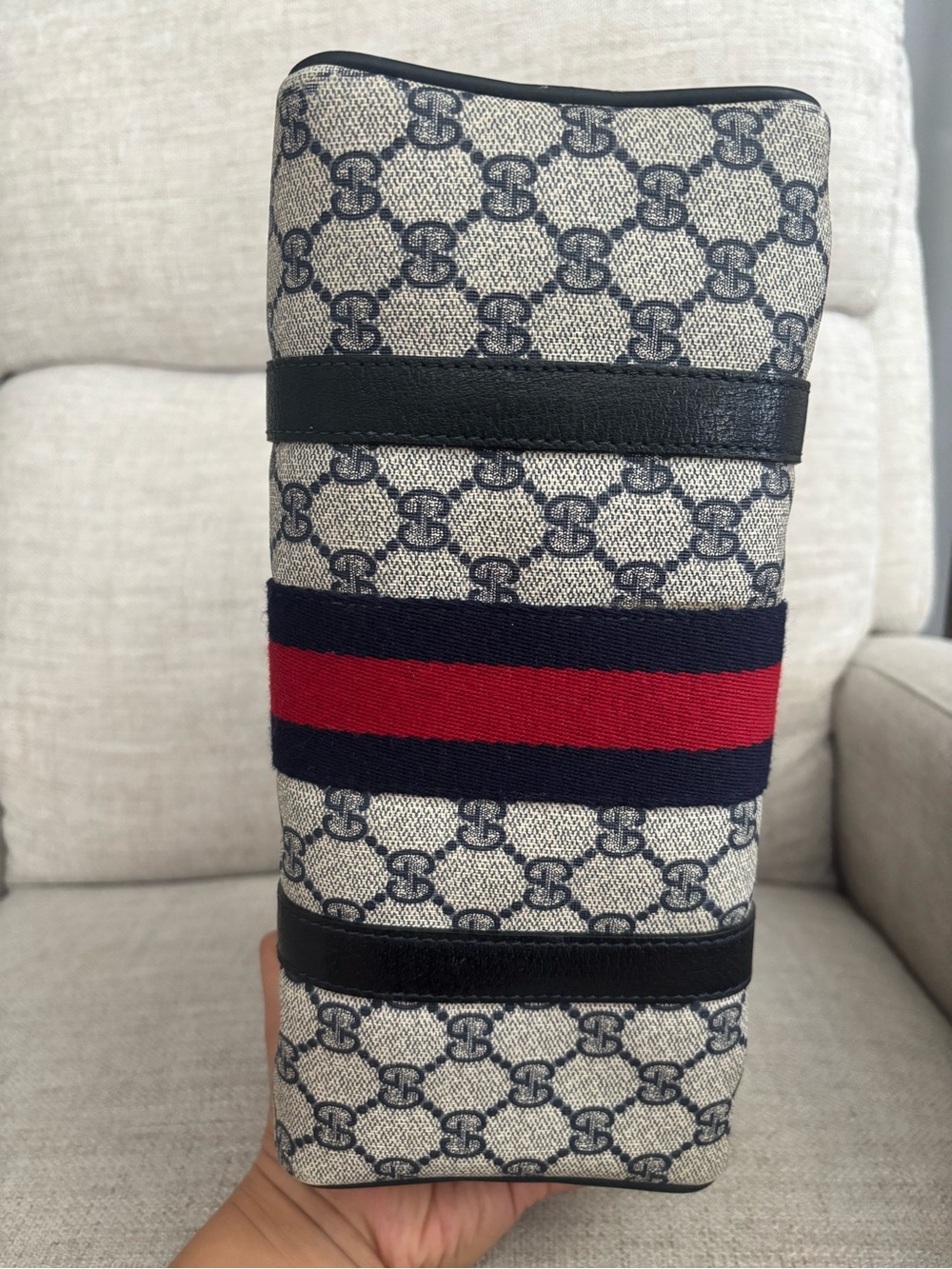 Gucci Beige GG Canvas Boston Bag with Sherry Line Navy - Picture 5 of 16